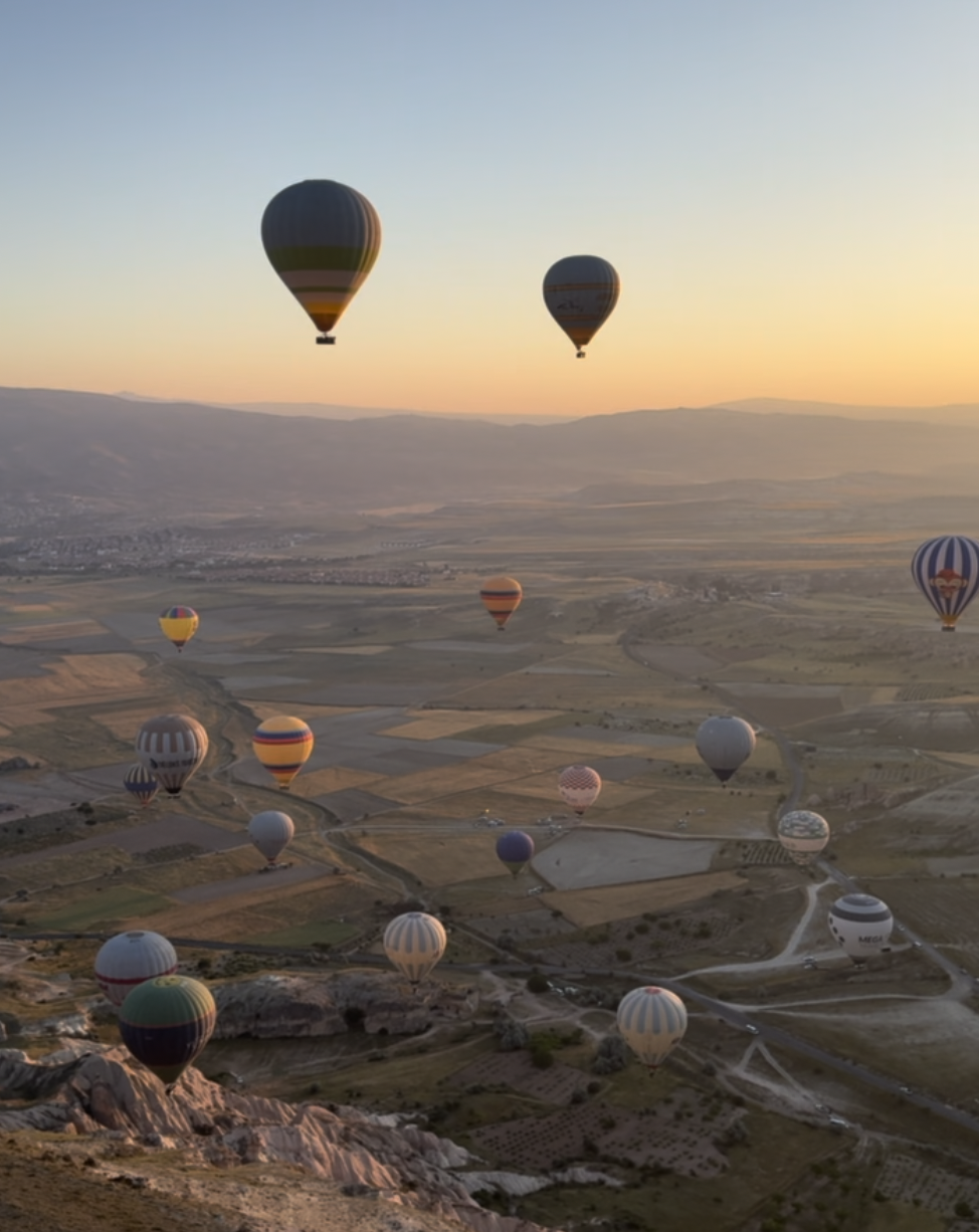 The landscapes of fairy chimneys seen from up above in an air balloon balloon in Cappadocia Turkey